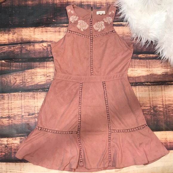 Taylor & Sage Dresses & Skirts - Faux Suede Dress Floral Embroidered Lace Crochet
